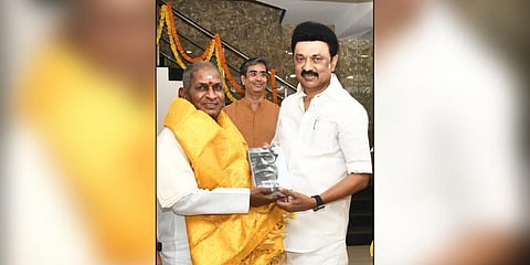 CM MK Stalin visits Ilayaraja on his 80th birthday and felicitated him. (Photo | Twitter)
