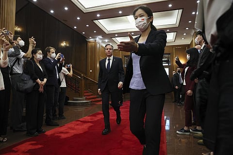 US Secretary of State Antony Blinken, center, walks as he arrives to meet with China's top diplomat Wang Yi, at the Diaoyutai State Guesthouse in Beijing, China, June 19, 2023. (Photo | AP)