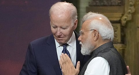 FILE - US President Joe Biden (L) and India's Prime Minister Narendra Modi talk during the G20 leaders summit in Nusa Dua, Bali, Indonesia, Nov. 15, 2022. (Photo | AP)