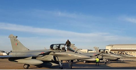 File photo, The fourth batch of Rafale jets after arriving in India. (Photo |Twitter/@IAF_MCC)