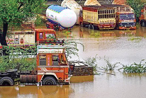 A flooded locality following heavy rains on the outskirts of Ajmer on Tuesday. (Photo | PTI)