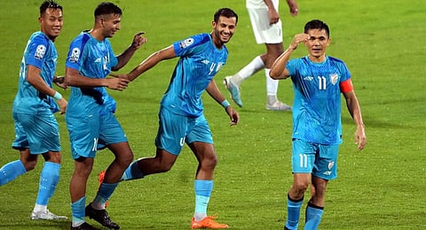 Sunil Chhetri with team mates celebrates after scoring a goal during the match against Pakistan at SAFF Championship.(Photo | PTI)