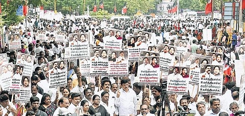 Members of AIADMK led by former minister D Jayakumar protesting against the DMK government in Chennai on Wednesday | P JAWAHAR