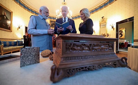 US President Joe Biden and first lady Jill Biden with India's Prime Minister Narendra Modi at the White House for a private dinner, in Washington, Wednesday, June 21, 2023. (Photo | PTI)