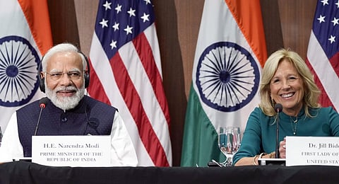 US First lady Jill Biden and Prime Minister Narendra Modi visit the National Science Foundation in Alexandria.(Photo | AP)