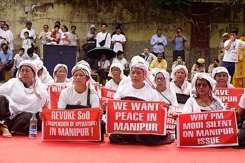 People from Manipur stage a protest over the ongoing violence in the state, at Jantar Mantar in New Delhi, Monday, June 19, 2023. (Photo | PTI)