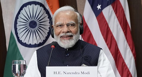 India's Prime Minister Narendra Modi speaks during a visit with first lady Jill Biden to the National Science Foundation in Alexandria, Va., Wednesday, June 21, 2023. (Photo | AP)