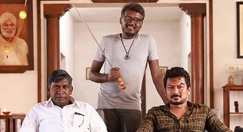 Vadivelu, Mari Selvaraj, and Udhayanidhi Stalin on the sets of teh upcoming film 'Maamannan'.