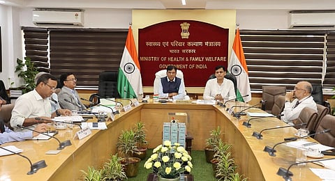 Health Minister Mansukh Mandaviya on Wednesday chaired a high-level meeting with representatives of teh seven states affected by the heatwawe.