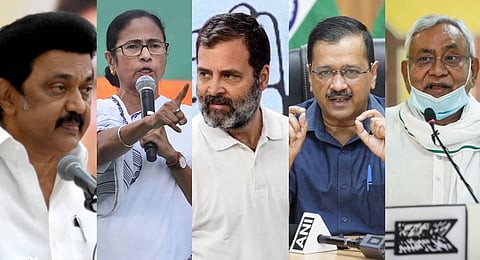 (From L to R) A collage of Tamil Nadu CM MK Stalin, West Bengal CM Mamata Banerjee, Congress leader Rahul Gandhi, Delhi CM Arvind Kejriwal and Bihar CM Nitish Kumar. (Photo | PTI)