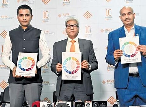 Mr Umesh S Raju, Pro Chancellor; Dr P Shyama Raju, Chancellor and Dr M Dhanamjaya, Vice Chancellor of REVA University during press meet on Wednesday