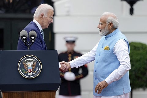 India's Prime Minister Narendra Modi shakes hands with President Joe Biden during a State Arrival Ceremony on the South Lawn of the White House. (Photo | AP)