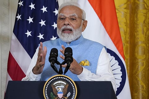India's Prime Minister Narendra Modi speaks during a news conference with President Joe Biden in the East Room of the White House. (Photo | AP)