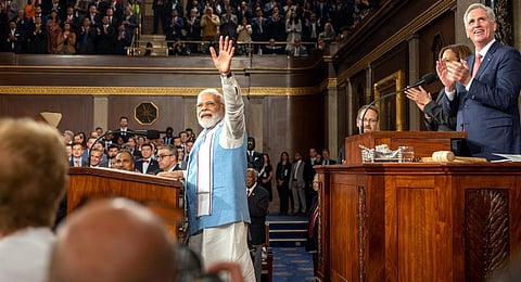 Prime Minister Narendra Modi addresses a joint meeting of Congress, at the Capitol in Washington. (Photo | PTI)