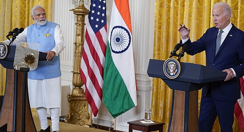 President Joe Biden speaks during a news conference with India's Prime Minister Narendra Modi in the East Room of the White House, Thursday, June 22, 2023.(Photo | AP)