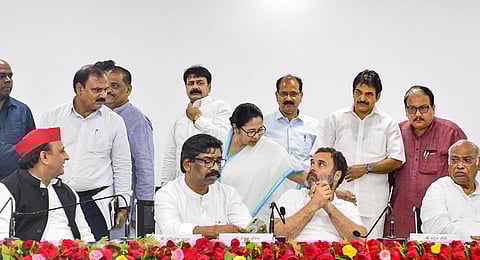 Party leaders interact during a joint press conference after opposition parties' meeting, in Patna, Friday, June 23, 2023. (Photo | PTI)