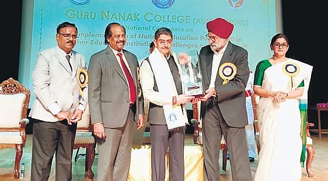 Governor RN Ravi being felicitated at the national conference on NEP organised at the Guru Nanak College in Chennai on Thursday | Express