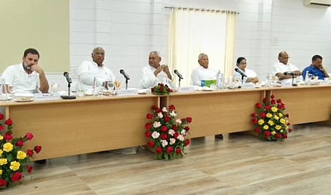 The leaders during the joint press conference after the opposition parties' meeting, in Patna, Friday. (Photo | PTI)