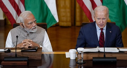 President Joe Biden speaks during a meeting with Prime Minister Narendra Modi and American and Indian business leaders in the East Room of the White House, Friday, June 23, 2023.(Photo |AP)