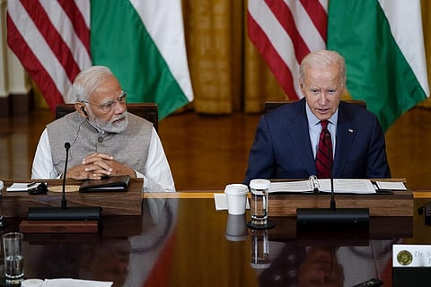 President Joe Biden speaks during a meeting with India's Prime Minister Narendra Modi and American and Indian business leaders in the East Room of the White House. (Photo | AP)