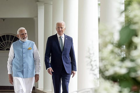 President Joe Biden and India's Prime Minister Narendra Modi walk along the Colonnade to the Oval Office after a State Arrival Ceremony on the South Lawn of the White House. (Photo | AP)