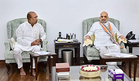 Union Home Minister Amit Shah during a meeting with Manipur Chief Minister N Biren Singh about the situation on the ground in Manipur, in New Delhi, Sunday, June 25, 2023. (Photo | PTI)