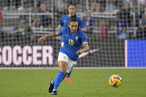 FILE - Brazil forward Marta (10) controls the ball during the second half of a SheBelieves Cup women's soccer match against Japan, Feb. 16, 2023, in Orlando, Fla. (Photo | AP)