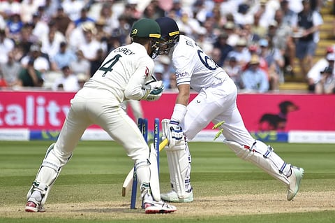 England's Joe Root (R) is stumped by Australia's Alex Carey during day four of the first Ashes Test cricket match, at Edgbaston, Birmingham, Monday, June 19 2023. (Photo | AP)