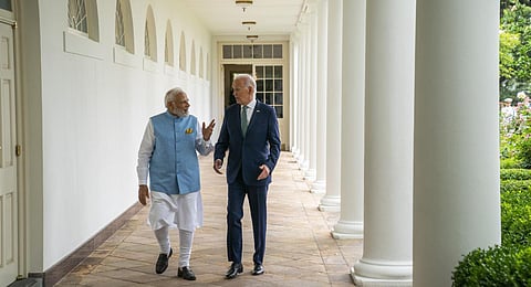 US President Joe Biden walks with Prime Minister Narendra Modi to the Oval Office of the White House, Thursday, June 22, 2023, in Washington. (Photo | AP)