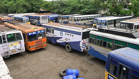 Buses parked at a depot during a protest by PRTC and PUNBUS Contract Drivers and Conductors Union, in Patiala, Tuesday, June 27, 2023. (Photo | PTI)