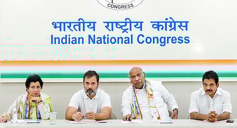 Congress President Mallikarjun Kharge with AICC Chhattisgarh Incharge Kumari Selja and party leaders Rahul Gandhi and KC Venugopal during a meeting in New Delhi, June 28, 2023. (Photo | PTI)