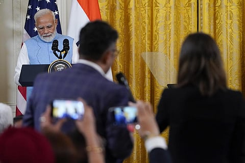 Representational Image: PM Narendra Modi listens to a reporter's question during a news conference with US President Joe Biden in the East Room of the White House, June 22, 2023. (Photo | AP)