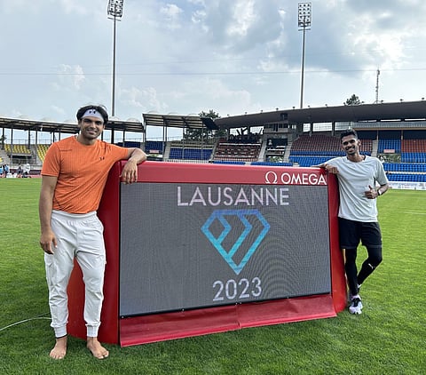 Neeraj Chopra (left) and M Sreeshankar ahead of Lausanne Diamond League | TWITTER