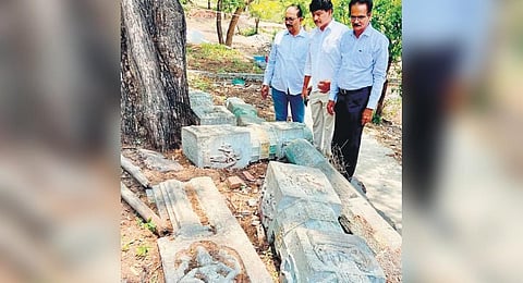 16th century temple pillars lying in the ruins in Kadapa | Express