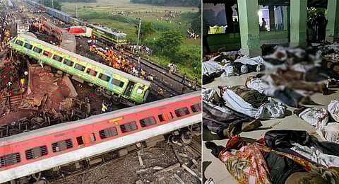 An aerial view of the accident involving Coromandel Express, Bengaluru-Howrah Express and a goods train, in Odisha. (Photo | Debadatta Mallick, EPS)