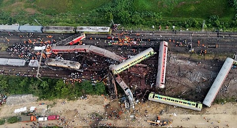An aerial view of the accident involving Coromandel Express, Bengaluru-Howrah Express and a goods train, in Odisha.
