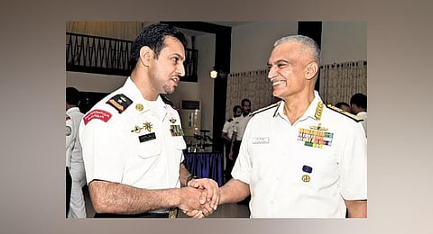 Chief of Naval Staff Admiral R Harikumar interacting with a Royal Saudi Naval Force cadet at Kochi Naval Base on Wednesday