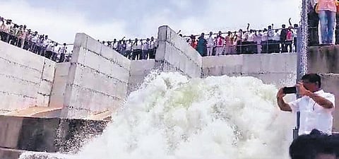 Water from the Godavari river being diverted to the Gouravelli reservoir as part of trial run in Siddipet district on Thursday