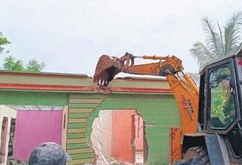 A structure being demolished at Sanapur recently | Express