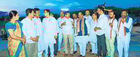 AICC in-charge for Telangana Manikrao Thakre and Ponguleti Srinivasa Reddy inspect the arrangements