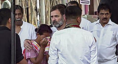 Congress leader Rahul Gandhi meets people displaced by the violence in Manipur, at a relief camp in Churachandpur. (Photo | PTI)