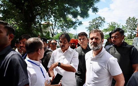 Rahul Gandhi visits relief camps at Moirang. (Photo | PTI)