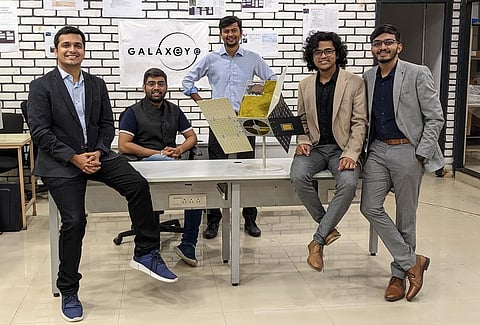 The founding team of space-tech startup GalaxEye (L-R): Rakshit Bhatt, Suyash Singh, Denil Chawda, Kishan Thakkar, Pranit Mehta. (Photo by Special Arrangement)