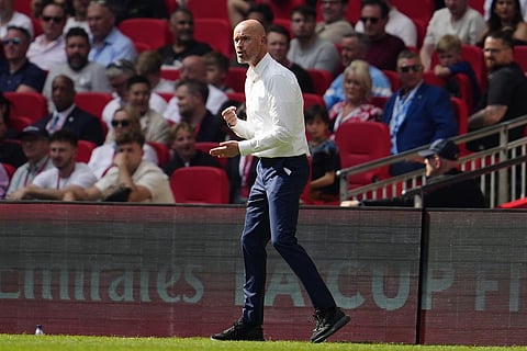 Manchester United's head coach Erik ten Hag reacts during the English FA Cup final soccer match against Manchester City at Wembley Stadium in London, Saturday, June 3, 2023. (Photo | AP)