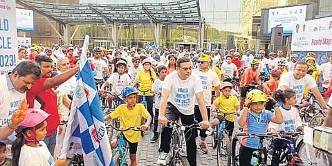 Cyclists from across the city participate in Pedal for Health Cyclothon on the eve of World Bicycle Day in Hyderabad on saturday
