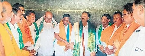Senior Congress leader Md. Ali Shabbir visits the Uma Maheshwara temple in Annaram village of Ramareddy Mandal in Kamareddy district on Saturday