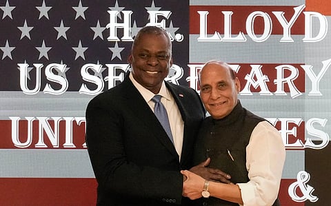 Defence Minister Rajnath Singh with United States Defence Secretary Lloyd Austin before a bilateral meeting, in New Delhi, Monday, June 5, 2023. (Photo | PTI)