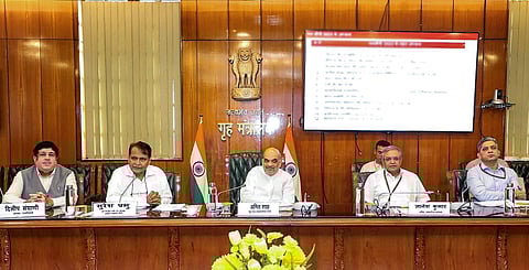 Union Minister Amit Shah during a presentation for drafting the Cooperation Policy by the Chairman of the National Level Committee Suresh Prabhu, in New Delhi, Monday, June 5, 2023. (Photo | PTI)