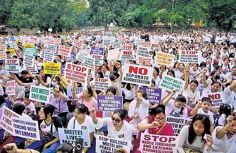 Manipuri civil society and students’ organisations at Jantar Mantar on Sunday. (Photo | Express)