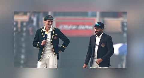 Indian captain Rohit Sharma with his Australian counterpart Pat Cummins. (ICC | Twitter)